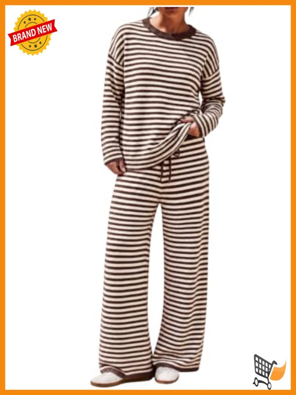 Womens 2 Piece Striped Sweater Set Oversized Lounge Knit Top Wide Leg Pants